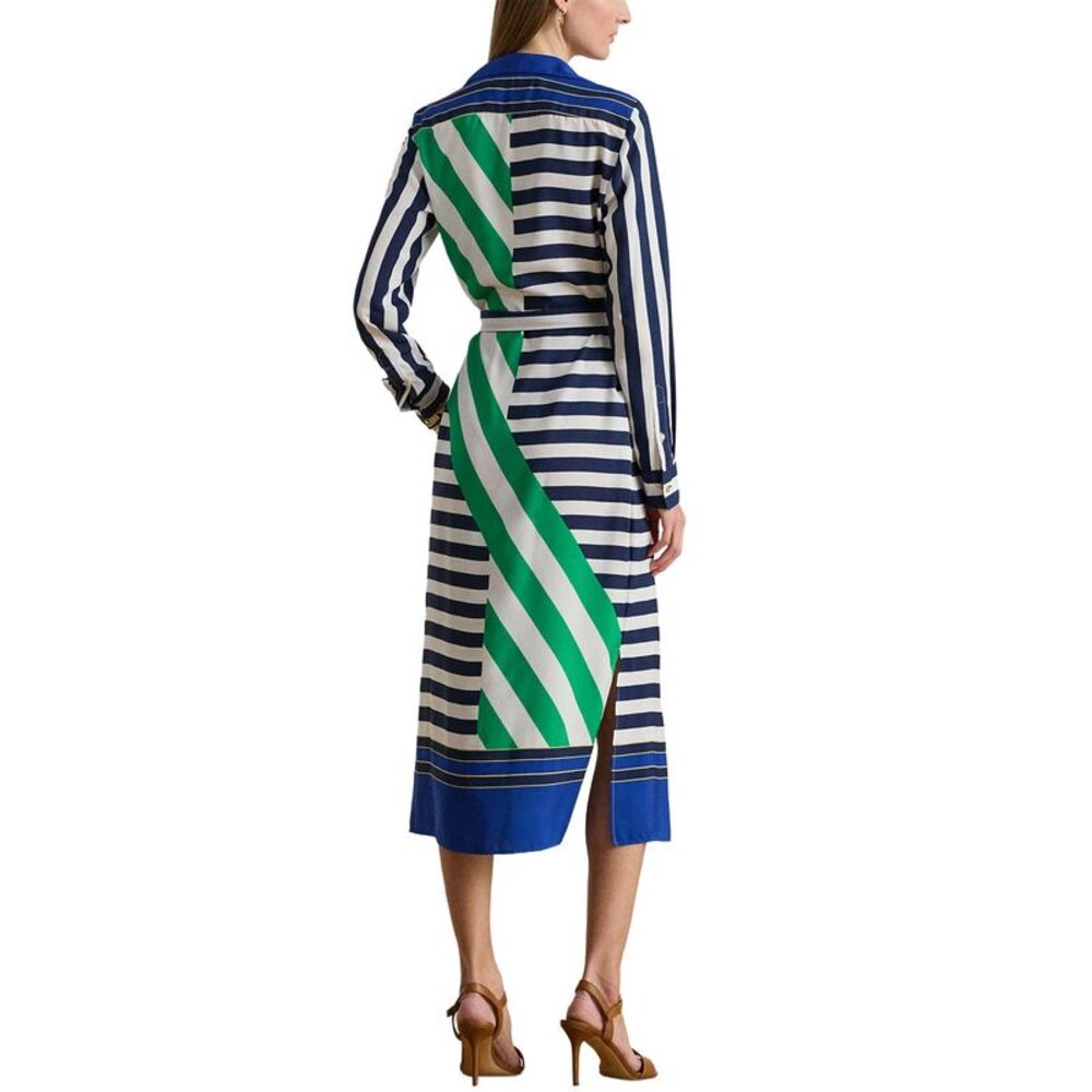 Lauren Ralph Lauren Womens Striped Crepe Shirtdress 10 Navy/White/Green - NWT - Picture 4 of 6